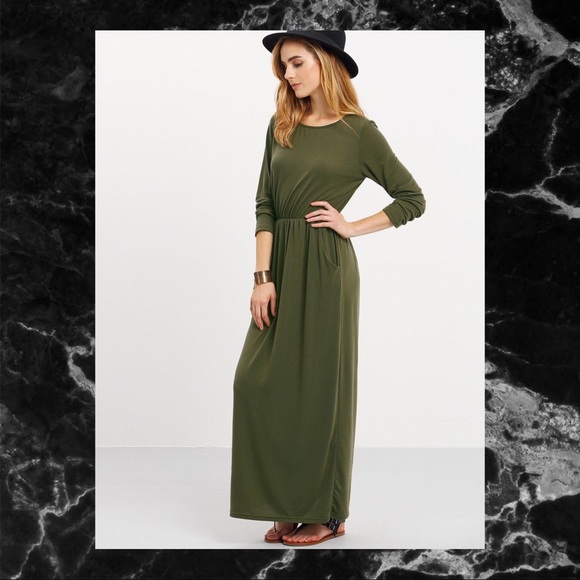 ARMY GREEN LONG SLEEVE POCKETS MAXI DRESS - Picture 4 of 5